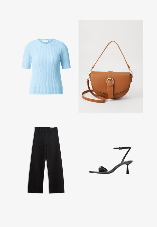 Világoskék, rövid ujjú pulóver texturált, bordázott dizájnnal. Kerek nyakkivágás és puha kötött anyag, alkalmas mindennapi viseletre.; Fekete, bő szabású farmernadrág magas derékkal, elülső és hátsó zsebekkel, varrott felületekkel és gombos záródással. Sima textúra.; Bershka Magas sarkú szandálok - black; Barna bőr keresztbody táska ívelt formával, aranyszínű fémrészekkel és csat díszítéssel. Levehető vállpánttal rendelkezik.