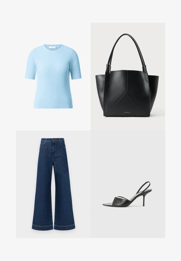 Helles blaugraues Kurzarm-Pullover mit strukturiertem Rippdesign. Rundhalsausschnitt und weiches Strickmaterial, geeignet für legere Anlässe.; Weite blaue Jeans aus Denim mit hoher Taille, ausgestattet mit einem Knopfverschluss, Gürtelschlaufen und dezenten Stichdetails an den Taschen und Säumen.; Schwarze Leder-Slingback-Pumps mit spitzem Zehenbereich, dünnem Knöchelriemen und Stiletto-Absatz. Verfügt über ein geknotetes Detail auf dem Blatt.; Schwarze Ledertasche mit geometrischem Design, ausgestattet mit zwei Griffen und goldfarbener Markierung auf der Vorderseite. Glatte Textur und strukturierte Form.