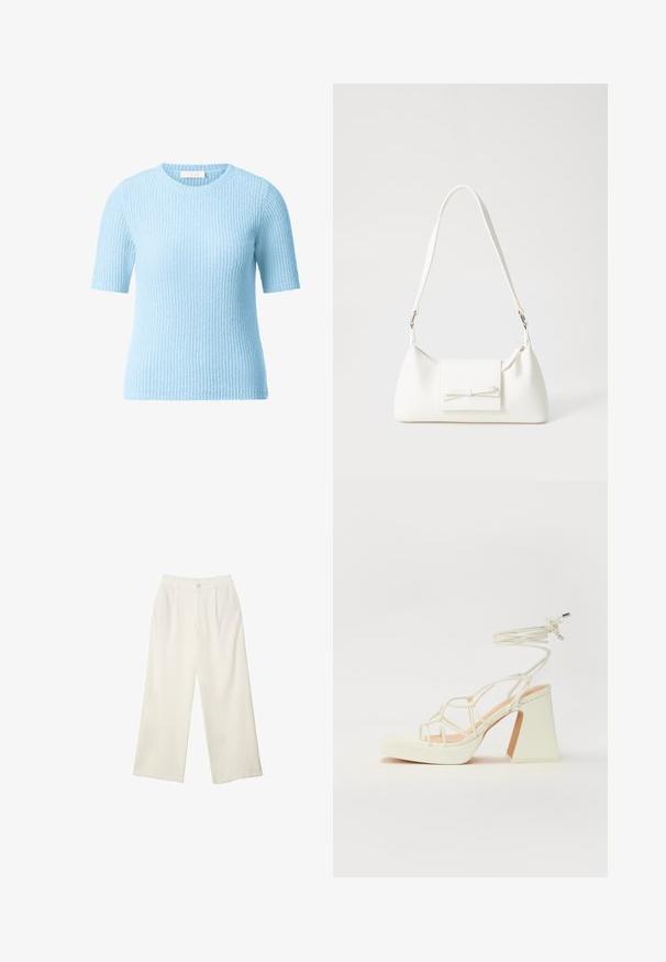 Svetlá modrá krátkorpový sveter s textúrovanou rebrovou štruktúrou. Okrúhly výstrih a mäkký pletený materiál, vhodný na bežné nosenie.; Široké nohavice z krémovej látky s hladkou textúrou, s jedným predným gombíkom, jemnými skladmi a vysokým pásom.; Biele sandále na vysokom opätku s hrubým podpätkom, s pruhovaným dizajnom a viazaním na členku. Hladký povrch s platformou vpredu pre zvýšenú výšku.; Biela syntetická kabelka s trojuholníkovým tvarom, plochým predným klapkou a detailom mašle, nastaviteľným popruhom, hladkou textúrou a minimalistickým dizajnom.