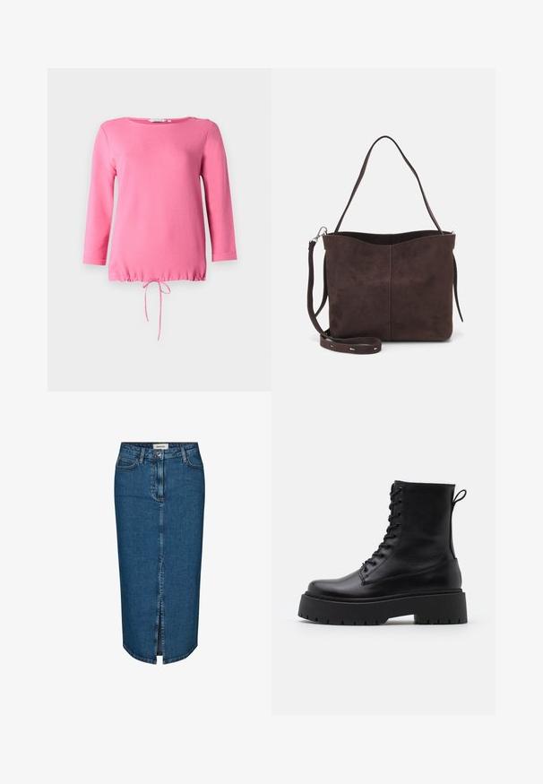 Rosa Langarmoberteil aus weichem Material, mit rundem Ausschnitt, zwei dekorativen Knöpfen auf der Schulter und einem gerafften Kordelzugsaum.; Dunkelblauer Denim-Bleistiftrock mit einem Schlitz vorne, fünf Taschen und kontrastierenden Nähten. Mittlere Taillenhöhe mit klassischem Design.; Schwarze Lederstiefeletten mit runder Zehenpartie, Schnürung vorne und einer dicken Gummisohle mit strukturiertem Profil. Mit Zugschlaufe an der Rückseite.; Braune Wildleder-Tasche mit weicher Textur, ausgestattet mit einem einzelnen Schulterriemen und einer dezenten, gewölbten Öffnung an der Oberseite. Keine sichtbaren Beschläge.