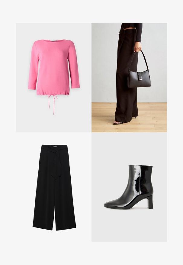 Roza bluzica z dolgimi rokavi, narejena iz mehkega materiala, z okroglo izrezano ovratnikom, dvema okrasnima gumboma na rami in nabrano vrvico na robu.; Črne široke hlače iz teksturirane tkanine, z elastičnim pasom in odstranljivim trakom na pasu za prilagodljivo prileganje.; Črne lakirane gležnjarje z ošiljenim nosom in srednje visokim blokastim peto. Gladka tekstura in minimalističen dizajn.; Črna torbica z strukturirano obliko, gladko teksturo in kovinskim zaponko. Ujemajo se z širokimi črnimi hlačami in odprtimi sandali na lesenem tleh.