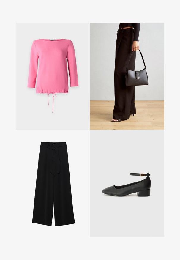Rosa Langarmoberteil aus weichem Material, mit rundem Ausschnitt, zwei dekorativen Knöpfen auf der Schulter und einem gerafften Kordelzugsaum.; Schwarze weite Hosen aus strukturiertem Stoff, mit elastischem Bund und einem abnehmbaren Bindegürtel in der Taille für eine verstellbare Passform.; Schwarze Lederpumps mit spitzem Zehenbereich und niedrigem Blockabsatz. Mit einem Knöchelriemen und einer goldfarbenen Schnalle. Glatte Textur.; Schwarze Handtasche mit strukturierter Form, glatter Textur und einem metallischen Verschluss. Kombiniert mit weiten schwarzen Hosen und offenen Sandalen auf einem Holzboden.