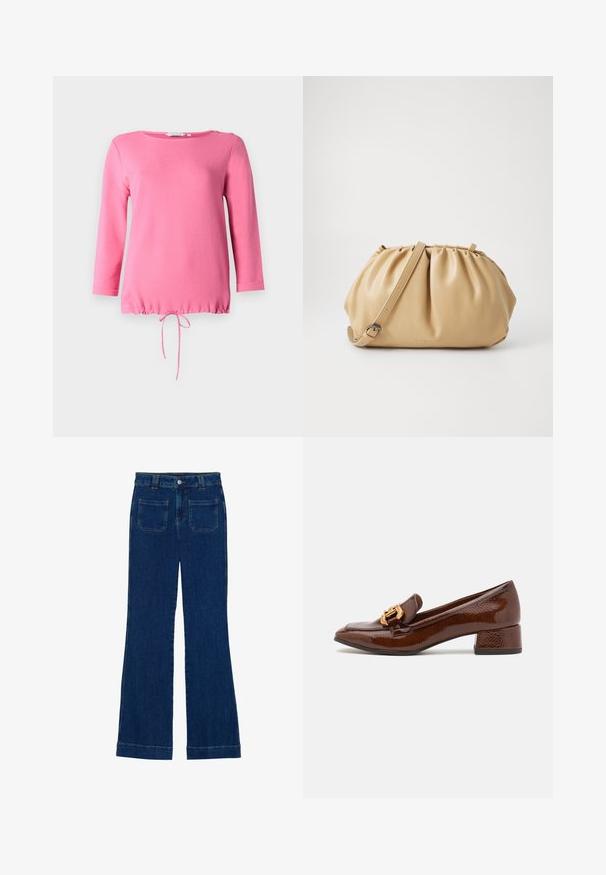 Rosa Langarmoberteil aus weichem Material, mit rundem Ausschnitt, zwei dekorativen Knöpfen auf der Schulter und einem gerafften Kordelzugsaum.; Dunkelblaue Denim-Jeans im Schlagstil mit glatter Textur, Fünf-Taschen-Design und einem Knopfverschluss an der Taille.; Braune Lederloafers mit glänzender Oberfläche, ausgestattet mit einer dekorativen goldenen Schnalle an der Vorderseite und einem niedrigen Blockabsatz. Klassisches Design.; Tasch in hellbraunem Leder mit gefälteltem Design, verstellbarem Tragegurt und runder Form. Minimalistische Markenkennzeichnung auf der Vorderfläche.