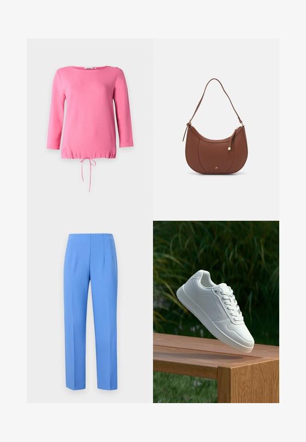 Top roz cu mânecă lungă, realizat dintr-un material moale, cu guler rotund, două butoane decorative pe umăr și tiv strâns cu șnur.; Pantaloni bleu, croiți, dintr-un material neted, cu pliuri laterale, având un croi drept și un talie curată. Fără accesorii vizibile sau modele.; Sneaker alb cu un upper sintetic neted, cu vârf perforat, șireturi plate și o talpă texturată, expus pe o suprafață de lemn.; Geantă de umăr din piele ecologică maro, cu o formă curbată, cusături minime și un accent din metal auriu. Are un închidere cu fermoar în partea de sus și o curea ajustabilă.