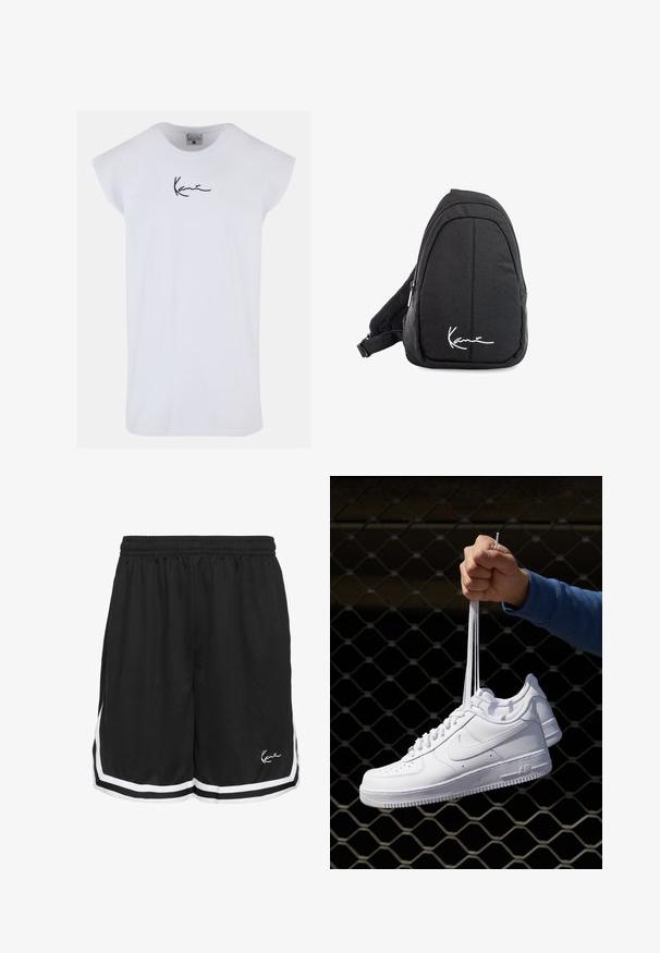 Karl Kani SMALL SIGNATURE TEE - Top - white; Černé sportovní šortky s elastickým pasem, zdobené bílými bočními pruhy a logem na dolní pravé straně. Materiál s jemnou strukturou.; Bílé kožené tenisky s perforacemi, kulatou špičkou, plochou podrážkou a silnými tkaničkami, které mají viditelné logo swoosh a nápis "AIR" na patě.; Černý textilní batoh s popruhem přes rameno, hladkým povrchem, zakřiveným designem, zipovou přihrádkou a bílým logem na přední straně.