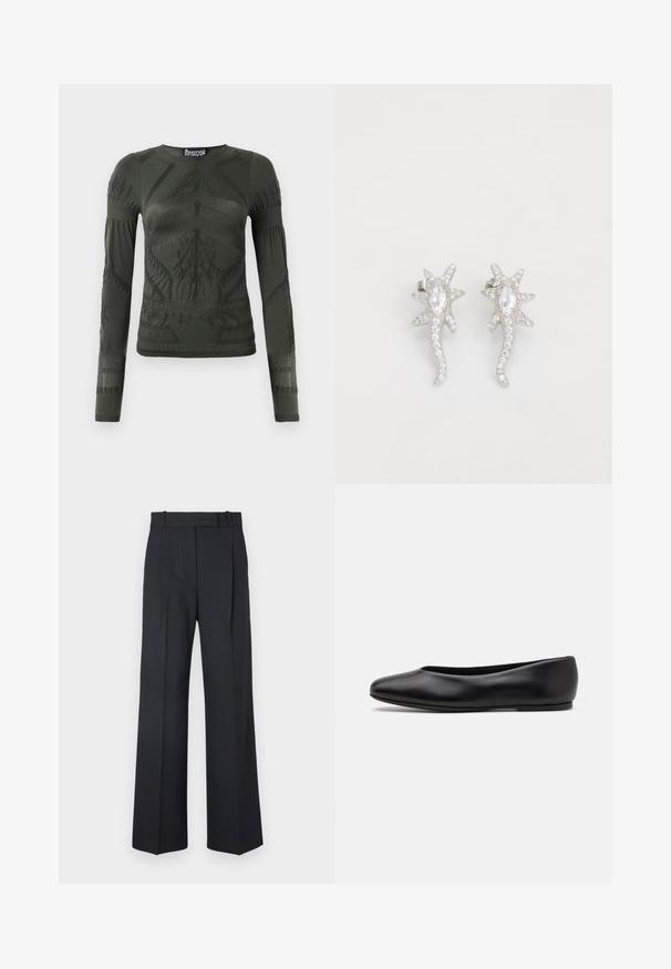 Camisola de manga longa verde-escura feita de um tecido elástico, apresentando padrões texturizados e detalhes canelados ao longo das mangas e do torso.; Calças riscas azul-escuro com uma cintura alta, design de perna larga e sem hardware ou adornos visíveis. Textura suave e ajuste feito à medida.; Paul Smith TOPANGA - Sabrinas - black; Brincos prateados em forma de estrela com espigões texturizados, apresentando strass transparentes e uma pedra central em corte marquesa.