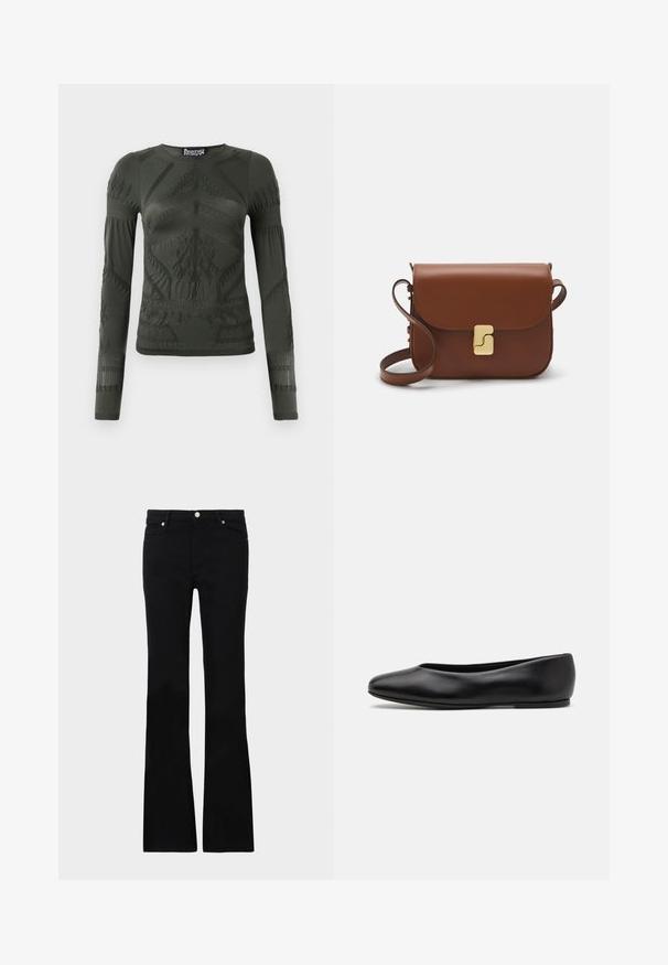 Temno zeleni dolg rokav top iz raztegljive tkanine z teksturiranimi vzorci in rebrastimi detajli ob rokavih in trupu.; Črne zvonaste kavbojke iz denima, ki imajo dve sprednji žepi, gumbasto zapiranje in gladko teksturo. Oznaka zašite vidna na šivih.; Paul Smith TOPANGA - Balerinke - black; Rjava usnjena torbica s poklopcem, zlato obarvani okovi, naramnica in gladka tekstura. Kompaktna pravokotna oblika.
