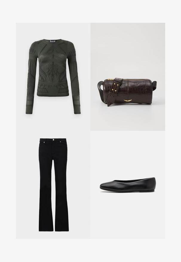 Tamnozelena bluzica dugih rukava od rastezljivog materijala s teksturiranim uzorcima i rebrastim detaljima duž rukava i trupa.; Crne široke traperice izrađene od denima, s dva prednja džepa, kopčanjem na dugme i glatkom teksturom. Potpisna šavova vidljiva na šavovima.; Paul Smith TOPANGA - Balerinke - black; Smeđa torba od kože s embosiranim krokodilskim uzorkom, cilindričnog oblika, zlatne hardverske detalje i odvojivu naramenicu sa čavlima.