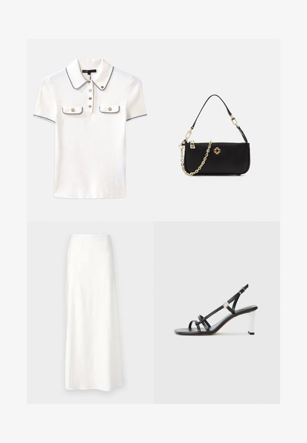 Biely pruhovaný polo tričko s golierom, s námorníckym lemovaním, zlatými gombíkmi a dvoma malými klopovými vreckami vpredu.; Biela saténová sukňa s hladkou textúrou, strednej dĺžky, v tvare A, s elastickým pásom a bez viditeľných vzorov či ozdôb.; Čierne sandále na vysokom opätku s viacerými úzkymi popruhmi, dizajnom so slingbackom a so strieborným akcentom na opätku. Hladký vrchný materiál a štvorcový opätok.; Čierna kabelka s hladkou textúrou, vybavená zlatým reťazovým popruhom, zipsom a dekoratívnym zlatým emblémom vpredu.