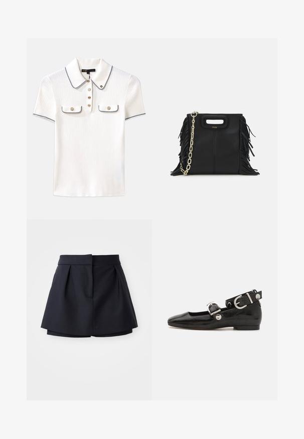 Balts ribots polo krekls ar apkakli, ar navy krāsas apmalēm, zelta pogām un divām nelielām atloka kabatām priekšpusē.; Sajūga bikses jūras spēku zilā krāsā ar augstu jostasvietu, izgatavotas no gludas auduma. Satur pieguļošu dizainu un slēptu priekšējo kabatu.; Melnas laika patenta ādas dzīvokļu kurpes ar kvadrātu purngalu, potītes siksna ar sudraba furnitūru un platu zoli. Gluda tekstūra ar minimālu dizainu.; Melna ādas rokassoma ar frizūras detaļām, zelta ķēdes plecu siksnu un izgrieztu rokturi. Ir logotipa novietojums priekšpusē.