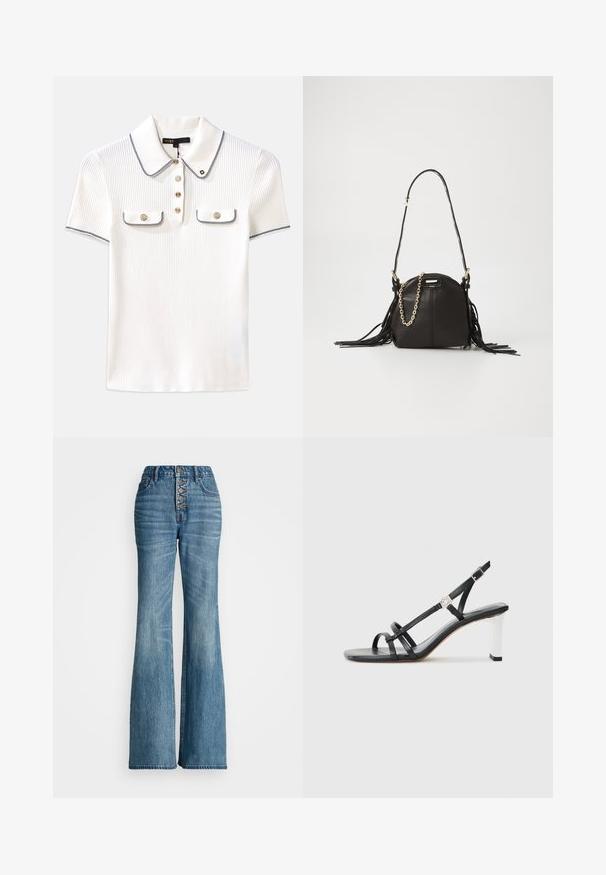 Bela polo majica z rebrastim vzorcem in ovratnikom, okrašena z mornarsko modrim robom, zlatimi gumbi in dvema majhnima žepkoma na sprednji strani.; Visoko pasovi modri traper hlače s širokimi nogami, gumbnim zapiranjem in sprednjimi žepi. Imajo oprijet zgornji del in široke noge z neobdelanim robom.; Črne sandale s peto z več ozkimi trakovi, dizajn slingback in srebrnim poudarkom na peti. Gladek zgornji material in kvadratna peta.; Črna usnjena torbica za ramena z zaobljeno obliko, ki vsebuje frufru detajle, dolgo naramnico in zlato verižico.