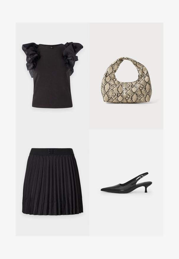 Melnā blūze ar īsām, rufuļotām caurspīdīgām piedurknēm. Mūsdienīgā, cieši pieguļošā ķermeņa daļa ar noapaļotu kakla izgriezumu un gludu tekstūru. Slepenas spīdums uz piedurknēm.; Melna plātnēta svārku ar gludu tekstūru, ar vienkrāsainu melnu jostas daļu un reljefu logotipa detaļu priekšpusē.; Melnas ādas slīdošās kurpes ar norādītu pirkstu un šauru, izliekta papēdi. Ar diskrētu regulējamu siksniņu ar metāla sprādzi.; Čūsku raksta soma ar izliekto rokturi. Izgatavota no teksturētiem, bēšiem un brūniem materiāliem, ar izteiksmīgu dimanta rakstu.