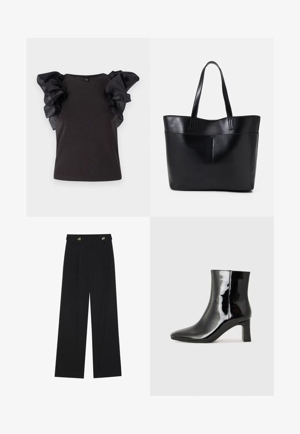 Black top with short, ruffled sheer sleeves. The body is fitted with a rounded neckline and a smooth texture. Subtle sheen on sleeves.; Black wide-leg trousers with high waist, button details on waistband, and front pleats.; Black patent leather ankle boot with a pointed toe and a mid-height block heel. Smooth texture and minimalist design.; Black leather tote bag with two long handles, a smooth texture, and a structured shape. Features a front pocket for additional storage.