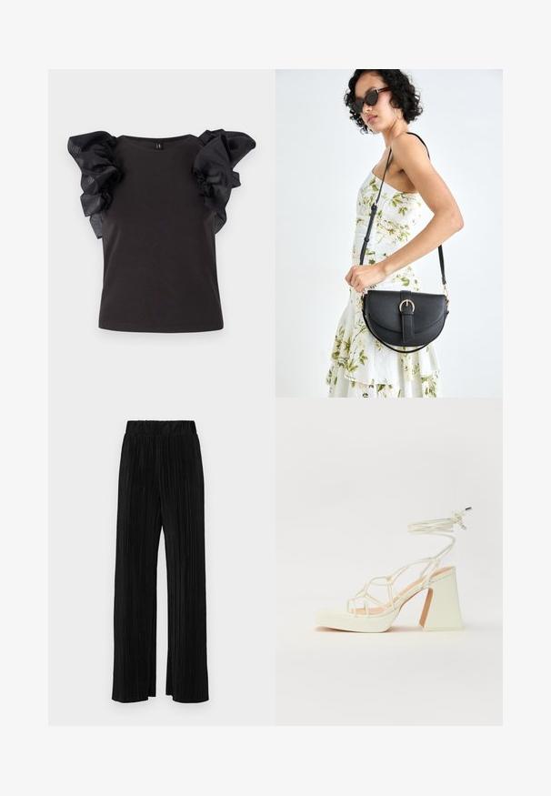 Top negro con mangas cortas de gasa con volantes. El cuerpo es ajustado con un escote redondeado y una textura suave. Brillo sutil en las mangas.; Pantalones negros de pliegues con una cintura elástica. Presentan piernas anchas y una tela suave y texturada con rayas verticales.; Sandalia de tacón alto blanca con un tacón grueso, que presenta un diseño de tiras y un lazo en el tobillo. Textura suave con una plataforma en la parte delantera para mayor altura.; Bolso de piel negra con forma curva, correa desmontable y herrajes dorados. El bolso cuenta con una solapa con un detalle de hebilla.