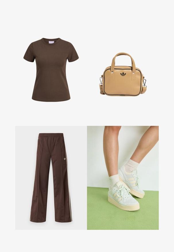 Brun bomulls t-skjorte med korte ermer og rund halslinning. Har en tettsittende design og minimal sømdetalj. Merket er synlig inne i halslinningen.; Brune treningsbukser med vid ben-design, hvite sidestriper, elastisk midje og to sidelommer. Har en liten logo på benet.; Lys grønne sneakers med en tekstureret overflade, der har tre hvide striber, en cremefarvet gummisål og snørebåndsdesign. Bæret med lyse strømper.; Tan vegan lærveske med to håndtak, avtagbar skulderrem, svart kontrastsøm, og en liten svart logo på fronten.