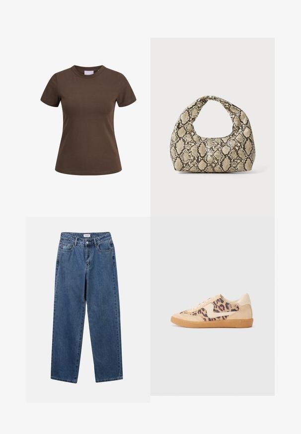 Barna pamut póló rövid ujjakkal és kerek nyakkivágással. Feszes szabású, minimális varrási részletekkel. Címke látható a nyakkivágás belsejében.; Klasszikus kék farmernadrág egyenes szárú dizájnal, öt zsebbel és gombos zárással. Közepes mosású és strapabíró textúrával rendelkezik.; Leopárdmintás sportcipő bézs velúr felsőrésszel, világosbarna gumitalppal és fehér kiegészítőkkel. Kerek orr, fűzős kialakítás, és textúrázott felület jellemzi.; Kígyómintás kézitáska ívelt fogantyúval. Texturált, bézs és barna anyagból készült, jellegzetes gyémántmintával.