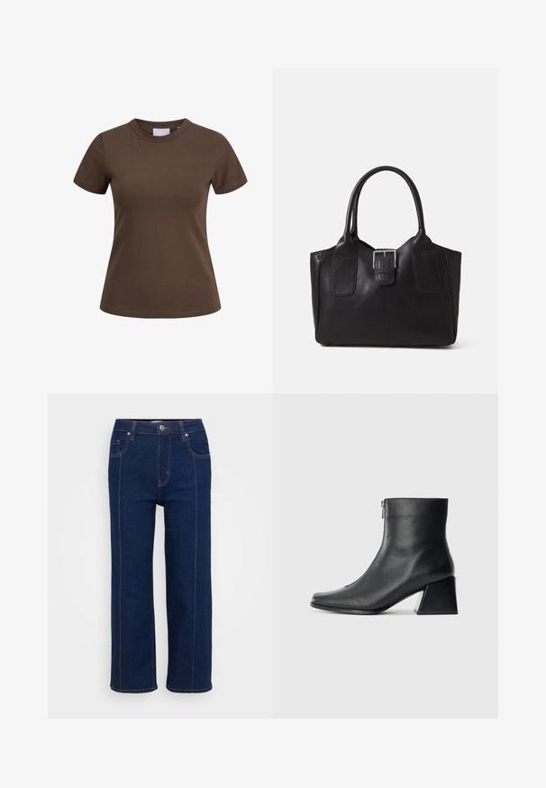 Brown cotton t-shirt with short sleeves and a round neckline. Features a fitted design and minimal stitching detail. Label visible inside neckline.; Dark blue straight-leg jeans with button closure, front and back pockets, and visible orange stitching along seams.; Black leather ankle boot with square toe, side zipper, and block heel against plain light background.; Black leather tote bag with smooth texture, structured shape, two handles, and a prominent silver buckle detail on the front.