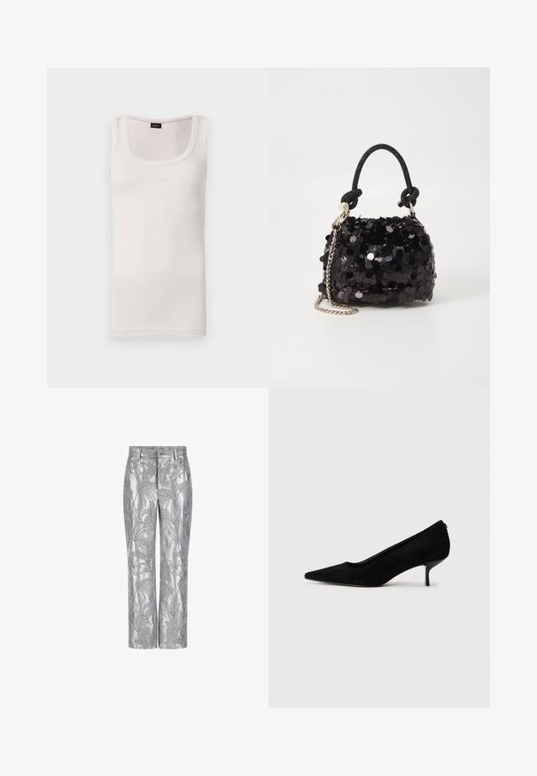 Fehér bordázott trikó széles pántokkal, az elején egy Diszkrét logóval. Simább textúra és testhezálló kialakítás.; Ezüst hímzett nadrág, levélmintával, egyenes szárú kialakítással és sima, fényes textúrával. Funkcionális zsebekkel és gombos záródással.; Fekete velúr magassarkú cipő hegyes orral és vékony, alacsony sarokkal. Simább textúrájú, letisztult dizájn, amelyen nincsenek látható fém alkatrészek.; Fekete flitteres mini kézitáska csomózott textúrájú pánttal és ezüst lánccal. Lekerekített forma, ráncolt tetejével és fényvisszaverő részletekkel.