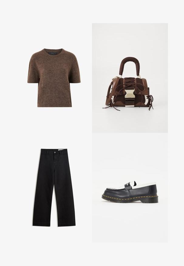Brun kortærmet sweater lavet af blødt materiale med rund hals og ribbede detaljer. Enkel design, struktureret finish, letvægts.; Sorte wide-leg denim bukser med høj talje, der har front- og baglommer, syede sømme og en knaplukning. Glat tekstur.; Sorte læder slip-on sko med en hvid læderdetalje. Har dekorativ syning og en gummisål med gul kant. Rund tå design.; Brun taske med en tekstureret mesh-design, der har en struktureret form, bundet snore, sølvhardware og en kontrasterende hvid bund.
