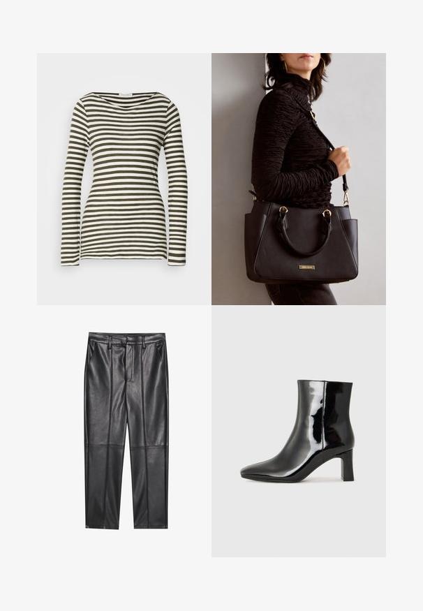 Blusa de manga longa com um decote arredondado, apresentando riscas horizontais alternadas entre verde oliva e branco. Feita de um tecido suave e leve.; Calças de pele preta com uma textura suave, apresentando um ajuste reto, dois bolsos frontais e detalhes de costura visíveis.; Botim de tornozelo em pele sintética preta com bico apontado e salto bloco de altura média. Textura suave e design minimalista.; Bolsa preta com superfície texturizada, alças superiores duplas e alça de ombro ajustável. Apresenta ferragens em tom dourado e bolsos laterais.