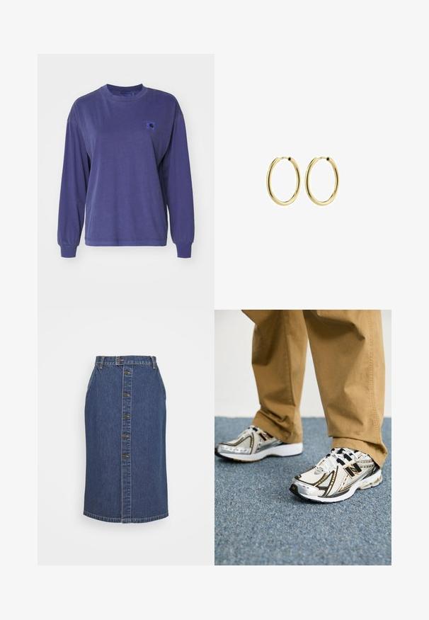 Carhartt WIP NELSON - Langarmshirt - aura garment dyed; Dunkelblaue Jeans-Bleistiftrock mit vorderem Knopfverschluss, vertikalen Nahtdetails und einem klassischen Saum.; Weiße und silberne New Balance Sneaker mit schwarzen Akzenten und Schnürsenkeln, ausgestattet mit einem Mesh-Obermaterial, gepolsterten Sohlen und dynamischem Design.; Goldene Metallohrringe mit einer glatten Oberfläche, kreisförmiger Form und einem sicheren Verschluss. Polierte Oberfläche ohne sichtbare Muster oder Akzente.