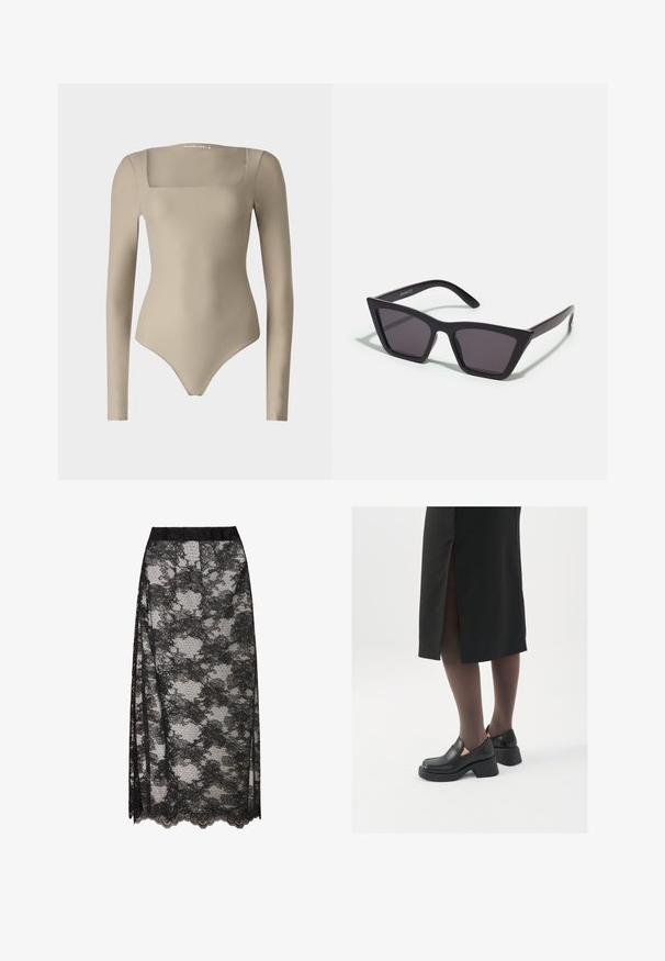 Μακρυμάνικο κορμάκι σε μπεζ απόχρωση, με τετράγωνη ζακέτα, λείο υλικό και εφαρμοστό σχέδιο, με υψηλή κοπή στο πόδι.; Μαύρη δαντελένια φούστα με δαντελένιο στρίφωμα, διακοσμημένη με λουλουδάτο μοτίβο και διάφανη υφή. Ελαστική μέση για άνετη εφαρμογή.; Μαύρα δερμάτινα παπούτσια με στρογγυλή μύτη, χοντρό τετράγωνο τακούνι και ελαστικές πλάγιες λεπτομέρειες, συνδυασμένα με σκούρες καλσόν και μια μαύρη φούστα με σχίσιμο.; Μαύρα, γωνιώδη γυαλιά ηλίου με γκρι φακούς; κατασκευασμένα από πλαστικό, με χοντρές βραχίονες με λεία επιφάνεια και χωρίς ορατό μηχανισμό.; Μαύρη τσάντα hobo από λεία υλικό που μοιάζει με δέρμα με στροβιλιστή λαβή, διαθέτοντας μαλακή, στρογγυλή μορφή και κλείσιμο με φερμουάρ στο επάνω μέρος.; Χρυσά σκουλαρίκια κρίκοι με ομαλή, γυαλιστερή επιφάνεια. Κυκλικός σχεδιασμός που διαθέτει μια μικρή βάση και διαφανή στήριξη για ασφαλή χρήση.