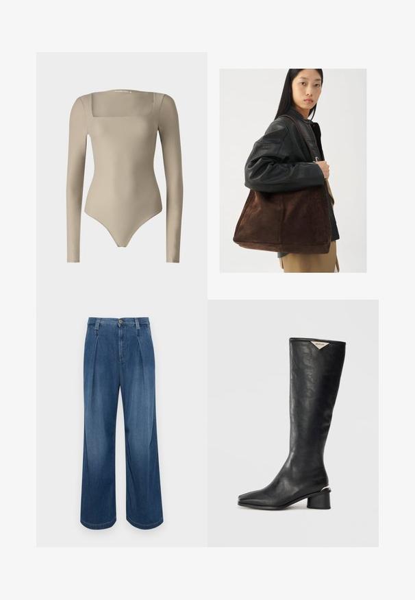 Long-sleeved bodysuit in beige, featuring a square neckline, smooth texture, and form-fitting design, with a high-cut leg.; Wide-leg denim trousers in medium blue wash. Features a button closure, two front pleats, and contrasting stitching. Soft texture and smooth finish.; Black knee-high boot made of smooth leather, featuring a square toe and a medium block heel with a metallic accent on the heel.; Brown suede tote bag with a wide shape and soft texture, featuring a single strap and minimal hardware against a neutral backdrop.