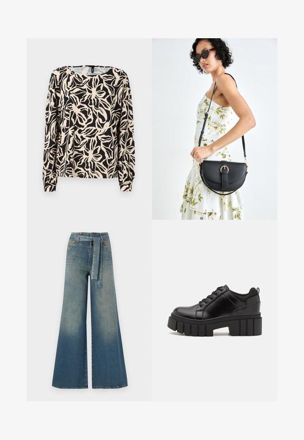Long-sleeve top made from lightweight fabric featuring a black and beige floral pattern, round neckline, and fitted cuffs.; Wide-leg denim trousers featuring a light to dark blue gradient, high waist, belt loops, and a matching fabric belt. Textured denim finish.; Black leather platform shoes with a chunky block heel, round toe, and traditional lace-up design. Features smooth texture and minimal detailing.; Black leather handbag with a curved shape, detachable strap, and gold hardware. The bag features a flap with a buckle detail.