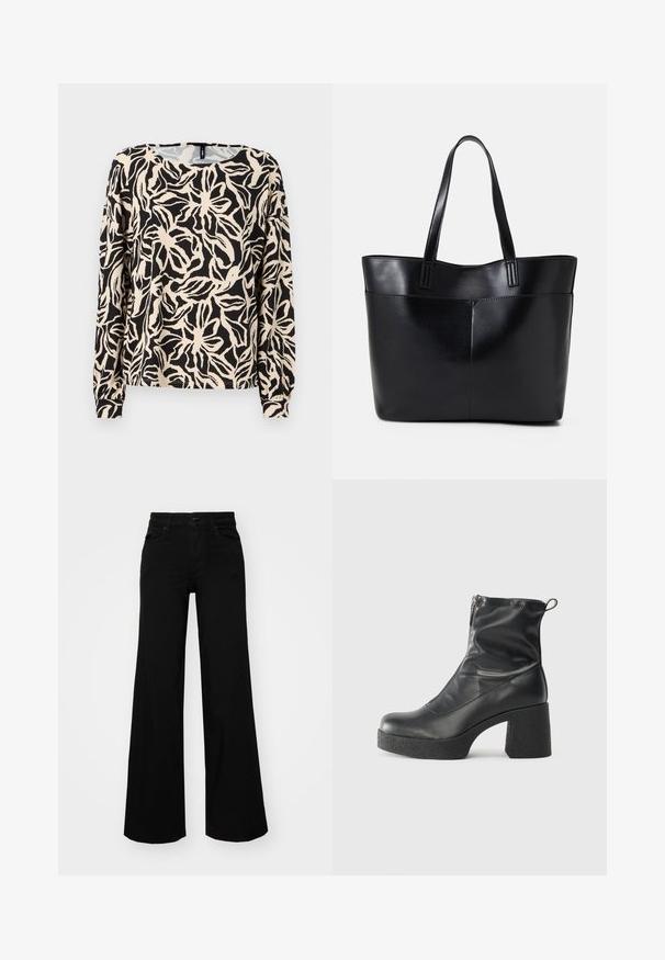 Hosszú ujjú felső, könnyű anyagból készült, fekete és bézs virágmintával, kerek nyakkivágással és szűkített mandzsettákkal.; Fekete, bő szárú farmernadrág, amelynek állítható derékrésze van, övhurkokkal és elülső zsebekkel. Simaság jellemzi, klasszikus dizájnnal.; Fekete bokacsizmák sima bőrből, oldalsó cipzárral, vastag, texturált sarkú és lekerekített orrú dizájnnal.; Fekete bőr bevásárlótáska két hosszú fogantyúval, sima felülettel és strukturált formával. Elülső zseb található rajta a plusz tárolás érdekében.