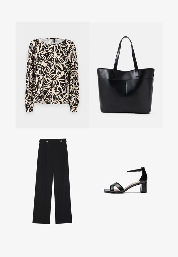 Blusa de manga longa feita de tecido leve, com um padrão floral em preto e bege, decote redondo e punhos ajustados.; Calças largas pretas com cintura alta, detalhes em botão na cintura e pregas frontais.; Sandália de salto alto preta, com ponta aberta, tiras cruzadas, tira de tornozelo ajustável e um salto robusto, apresentando uma textura de pele lisa.; Bolsa tote preta em couro com duas alças longas, textura suave e forma estruturada. Apresenta um bolso frontal para armazenamento adicional.