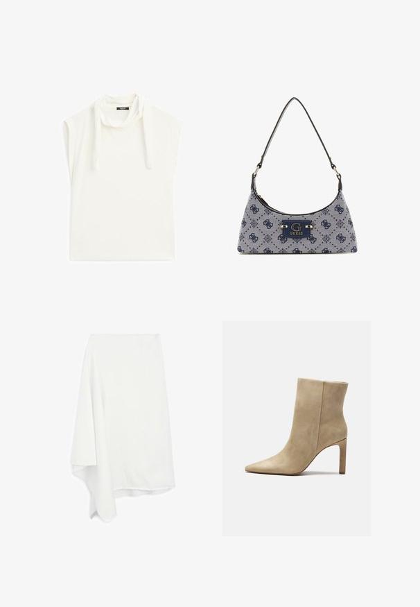 Hvid kortærmet top med draperet cowl-hals, afslappet pasform og blødt bomuldsstof. Diskret syning langs kanterne.; Asymmetrisk hvid nederdel lavet af blødt, letvægts stof; frynsede kanter; glat tekstur; hænger elegant på den ene side.; Zign Højhælede støvletter - beige; Hobo-stil håndtaske i mørkeblå stof med diamantmønster, der har en logo-plade og en glat skulderrem. Teksturoverflade.