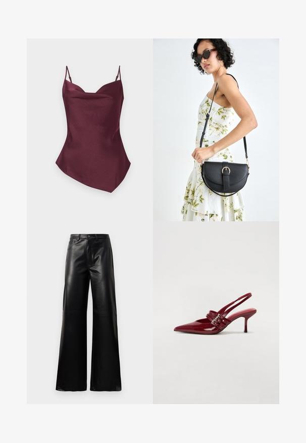 Burgundijas satīna blūze ar tievām siksnām, ar V-veida kakla izgriezumu un nedaudz asimetrisku apakšmali, gluda tekstūra un pieguļoša siluets.; Melnas augstās jostas platajās kājās sintētiskās ādas bikses ar priekšējo pogu, rāvējslēdzēju, jostas cilpām un sānu kabatām uz baltā fona.; Sarkana lakota ādas kurpju kurpes ar atvērtu papēdi, norādītu purngalu, divām sprādzēm un slaidu, vidēja augstuma stiletu papēdi. Gluda tekstūra.; Melnas ādas rokassoma ar izliekta formu, noņemamu siksnu un zelta aksesuāriem. Somai ir vāciņš ar sprādzes detaļu.