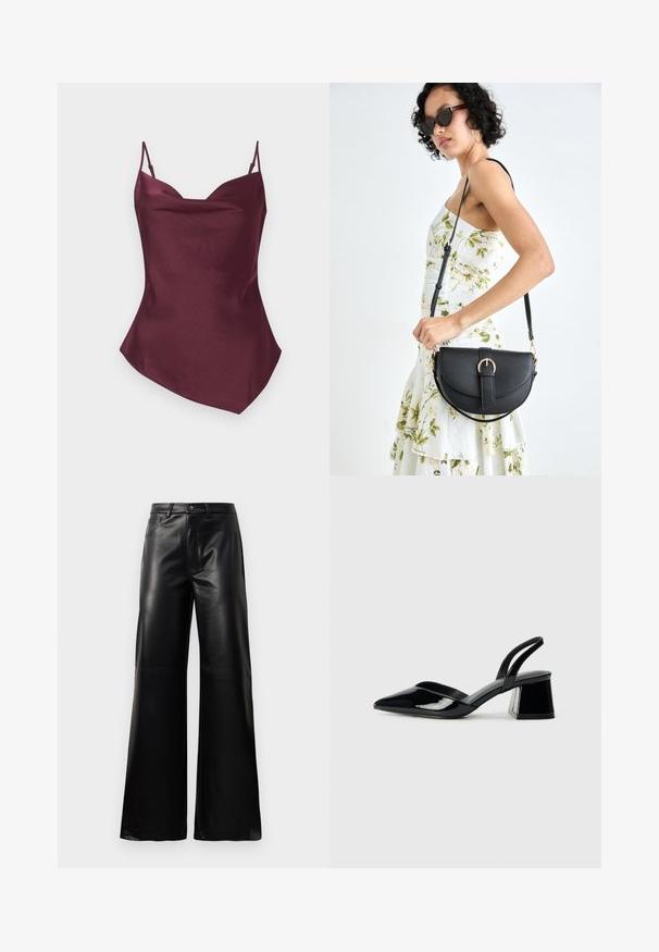 Burgundy satin camisole med tynde stropper, med v-hals og en let asymmetrisk kant, glat tekstur og tætsiddende silhuet.; Sorte high-waisted bukser i bred ben i imiteret læder med forreste knap, lynlås, bæltestropper og sidelommer på hvid baggrund.; Sorte patentlæder slingback hæle med spids tå og en geometrisk blok hæl. Har et elegant, minimalistisk design og en glat tekstur.; Sort læderhåndtaske med en buet form, aftagelig rem og guldfinish. Tasken har en klap med en spænde detalje.
