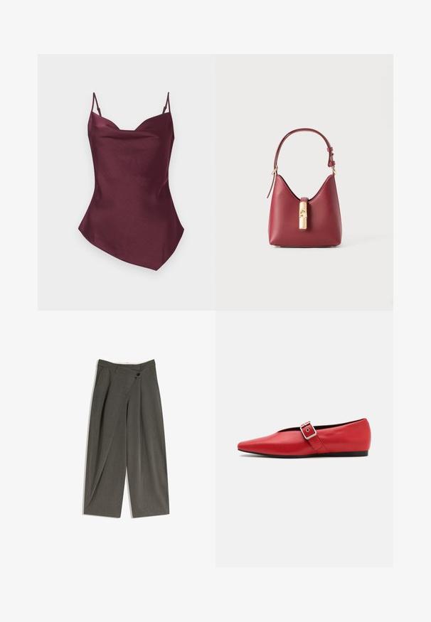Cămașă de satin burgund cu bretele subțiri, având un decolteu în v și o margine ușor asimetrică, textură netedă și o siluetă ajustată.; Pantaloni largi dintr-un material gri închis. Prezintă un croi drept, buzunare laterale și un închidere cu un singur nasture. Textură netedă, potrivire ajustată.; Pantof cu toc plat din piele roșie, cu vârful ascuțit, având o curea laterală cu cataramă metalică și un toc negru scăzut. Textură netedă pe toată suprafața.; Geantă de mână roșie din piele, cu o formă curbată distinctivă, curea ajustabilă și detaliu cu închidere de aur la față. Textură netedă, design minimalist.; Ceas Michael Kors de culoare aurie, cu carcasă rotundă, brățară din linkuri metalice, cadran minimalist, trei sub-cadrane și afișaj pentru dată la ora 6.