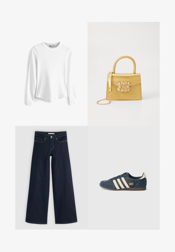 Biała, długozasłonowa koszulka z ribbed, z okrągłym dekoltem, zaokrąglonym dołem i bocznymi rozcięciami, wykonana z miękkiego, teksturowanego materiału.; Jeansy o szerokich nogawkach w ciemnym denimu z pomarańczowym przeszyciem, zapinane na guzik, z dwiema przednimi kieszeniami i gładką fakturą. Posiadają wykończony brzeg.; Granatowe zamszowe trampki z kremowymi paskami, teksturowanym przodem i złotym logo "adidas JAPAN" oraz brązową gumową podeszwą. Klasyczny niski fason.; Żółta torebka z faux-krokodylka o wyrafinowanej konstrukcji, z górnym uchwytem, odpinanym łańcuszkiem oraz dekoracyjnym kryształowym zdobieniem na zapięciu.
