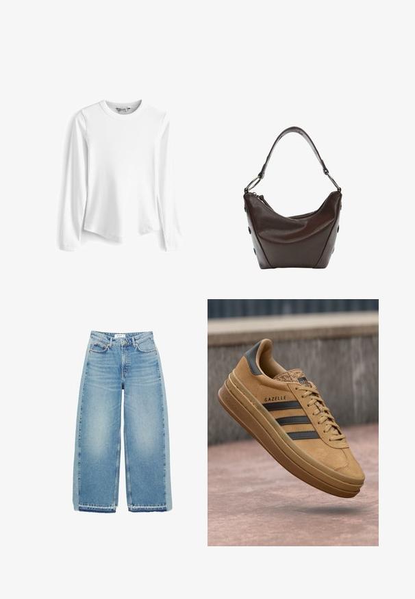 Biała, długozasłonowa koszulka z ribbed, z okrągłym dekoltem, zaokrąglonym dołem i bocznymi rozcięciami, wykonana z miękkiego, teksturowanego materiału.; Jasnoniebieskie dżinsy szerokie w nogawkach, wykonane z denimu, z wysokim stanem, zapięciem na guzik, kieszeniami z przodu i surowym dołem.; Beżowe zamszowe sneakersy o gładkiej fakturze, z trzema ciemnymi paskami, zaokrąglonym noskiem i grubszą podeszwą z wzorzystym wykończeniem.; Ciemnobrązowa skórzana torebka o zaokrąglonym kształcie, zamykana na zamek błyskawiczny, z krótkim uchwytem. Posiada metalowe elementy i ozdobne czarne guziki po bokach.