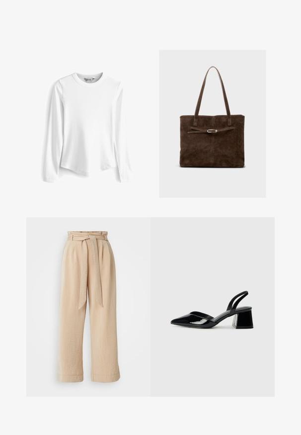 T-shirt bianco a maniche lunghe, con collo a giro e orlo arrotondato, dotato di spacchi laterali, realizzato in un morbido tessuto testurizzato.; Pantaloni beige a gamba larga con vita regolabile, realizzati in tessuto texturizzato. Presentano una piega frontale e una finitura liscia lungo l'orlo.; Décolleté in vernice nera con punta affusolata e tacco in geometria cubica. Presentano un design elegante e minimalista, con una texture liscia.; Borsa tote in suede marrone con manici lunghi, caratterizzata da un corpo piatto e una tracolla decorativa con accentuazione in metallo di colore argento.