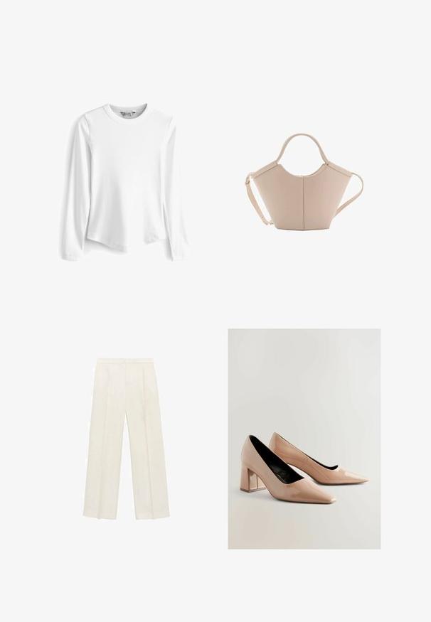 Bela dolga majica s hrapavim ovratnikom in okroglim robom ter stranskima razporkoma, izdelana iz mehke teksturirane tkanine.; Hlače širokih nogavic v svetli kremni barvi. Narejene iz gladkega materiala s plitkimi naborki spredaj in stranskimi žepi.; Nude lakirane pumps s blokom na peto, zaključene s uskim nosom in sijajnim zaključkom. Imajo gladko teksturo in srednje visoko kvadratno peto.; Bežna usnjena torbica edinstvene oblike, z dvema kratkima ročajema in dolgim nastavljivim trakom. Gladka tekstura z minimalno kovinsko opremo.