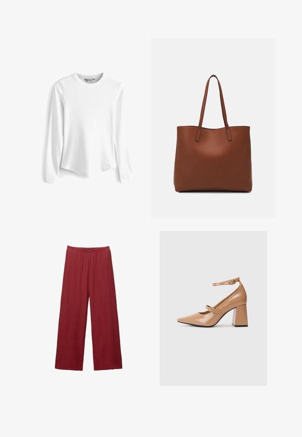 Biela dlhá rukáv, rebrovaná crewneck tričko s okrúhlym lemom a bočnými rozparkami, vyrobené z jemnej, textúrovanej tkaniny.; Široké nohavice vyrobené z textúrovanej, ľahkej tkaniny v hlbokej červenej farbe, s gombíkovým zapínaním a elastickým pásom pre pohodlie.; Béžové lakované vysoké topánky na podpätku s špicatou špičkou, členkovým popruhom a širokým štvorcovým podpätkom. Hladká textúra s lesklým povrchom.; Hnedá kožená taška na rameno s hladkou textúrou, otvoreným vrchom a dvoma ramenými popruhmi. Má minimálne šitia a žiadne viditeľné kovania.