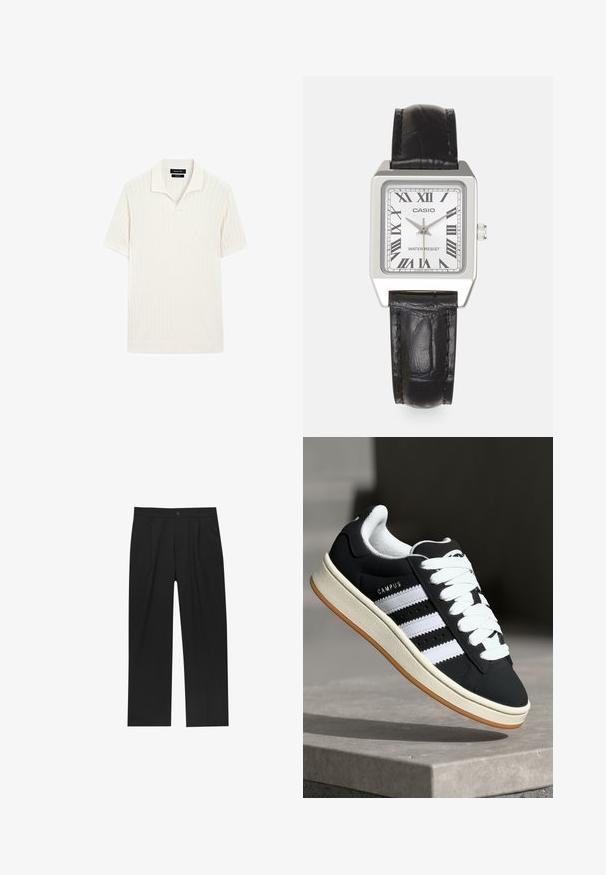 Koszulka polo z krótkim rękawem w kolorze kremowym, o ryżowym splocie i płaskim kołnierzyku. Posiada prosty dół oraz miękki materiał dla wygody.; Czarne spodnie o prostym kroju, wykonane z gładkiego materiału. Posiadają zakładki z przodu i pojedyncze zapięcie na guziki w pasie.; adidas Originals CAMPUS UNISEX czarny; Srebrny kwadratowy zegarek z białą tarczą, czarnymi cyframi rzymskimi i napisem "ODPORNY NA WODĘ". Czarny skórzany pasek o fakturowanej powierzchni.