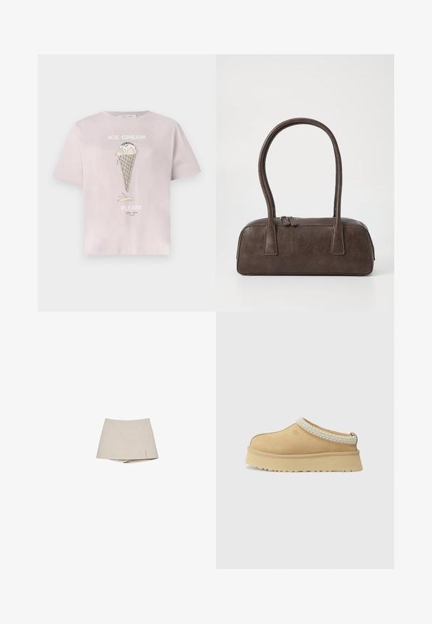 Vaaleanpunainen puuvillapaita, jossa on jäätelötötterökuva roiskeineen. Teksti "JÄÄTELÖÄ KIITOS" valkoisella. Lyhyet hihat, rento istuvuus.; Beige naisten skortti, jossa on kevyt etuhalkio ja kiinnitetyt shortsit alla, esillä valkoista taustaa vasten.; Vaaleanruskeat mokka-slip-on-kengät, joissa on pehmustettu kaulus ja teksturoitu vaaleansininen yksityiskohta. Ominaisuuksiin kuuluu paksu, kestävä pohja, jossa on kuvioitu kulutuspinta.; Ruskea nahkalaukku, jossa on kaksi tukevasti kantavaa kahvaa, suorakaiteen muotoinen, sileä pinta ja vetoketjukiinnitys. Minimalistinen muotoilu ilman näkyviä kuvioita.
