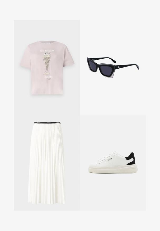 Helle rosa Baumwoll-T-Shirt mit einer Grafik von einer Eistüte und Tropfen. Der Text lautet "EISBITTE" in Weiß. Kurze Ärmel, lockere Passform.; Faltenrock aus Weiß mit einem schwarzen elastischen Bund, der das "LACOSTE"-Logo trägt. Mittellanges Design mit weicher Textur.; Weiße Leder-Sneaker mit einer dicken weißen Sohle, schwarzem Wildlederakzent an der Ferse und geprägtem Logo an der Seite. Schnürdesign mit sechs Ösen.; Schwarze übergroße Sonnenbrille mit geometrischer Form, ausgestattet mit dunklen Gläsern und einem kontrastierenden grauen Detail im Rahmen. Logo am Bügel.