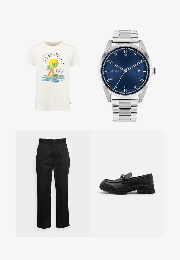 Shiwi Triko s potiskem - jet white; Černé kalhoty vyrobené z hladké tkaniny, s rovnými nohavicemi, poutky na pásek a dvěma bočními kapsami. Klasický vzhled bez ozdob.; Černé kožené mokasíny s kulatou špičkou, dekoračním páskem a kovovými prvky, a masivní texturovanou podrážkou. Hladký povrch s jemnými detaily.; Stříbrné kovové hodinky s broušeným modrým ciferníkem, bílými hodinovými indexy a zobrazením data. Mají spojený kovový pásek a logo značky.; Stříbrný řetízek s výraznými články a centrálním kruhovým přívěskem s propracovanými detaily. Hladký, lesklý povrch kovu.