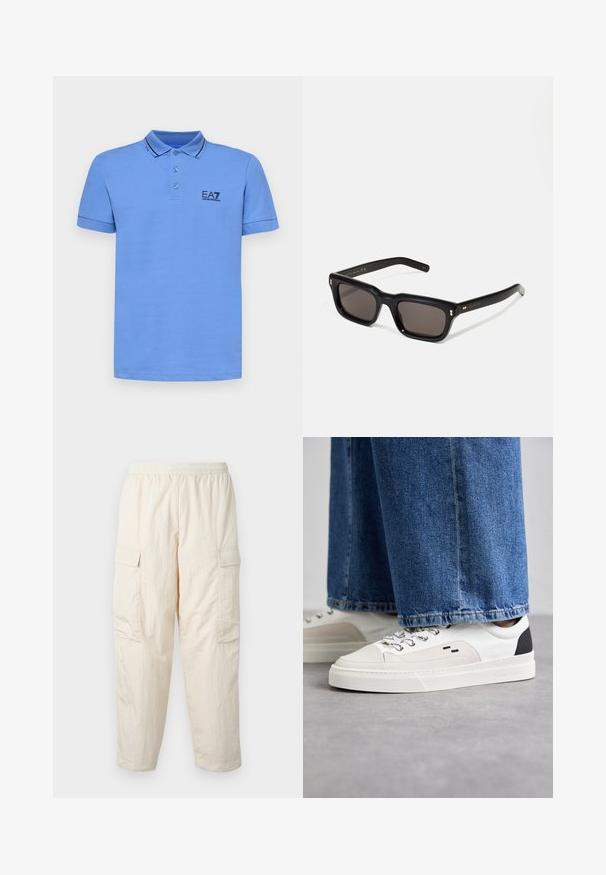 EA7 Emporio Armani TRAIN CORE - Pólóing - granada sky; Beige cargo nadrág, elasztikus derékkal, két oldalzsebbel és puha, könnyű anyagból készült. Gyűrött textúra.; Fehér és fekete sportcipők sima bőrből készült felsőrésszel, texturált díszítésekkel és vastag fehér talppal. Klasszikus fűzős kivitel jellemzi.; Fekete téglalap alakú napszemüveg sötét lencsékkel, vastag műanyag keret, arany díszítések a szárakon, és a márka logója gravírozva a szára.
