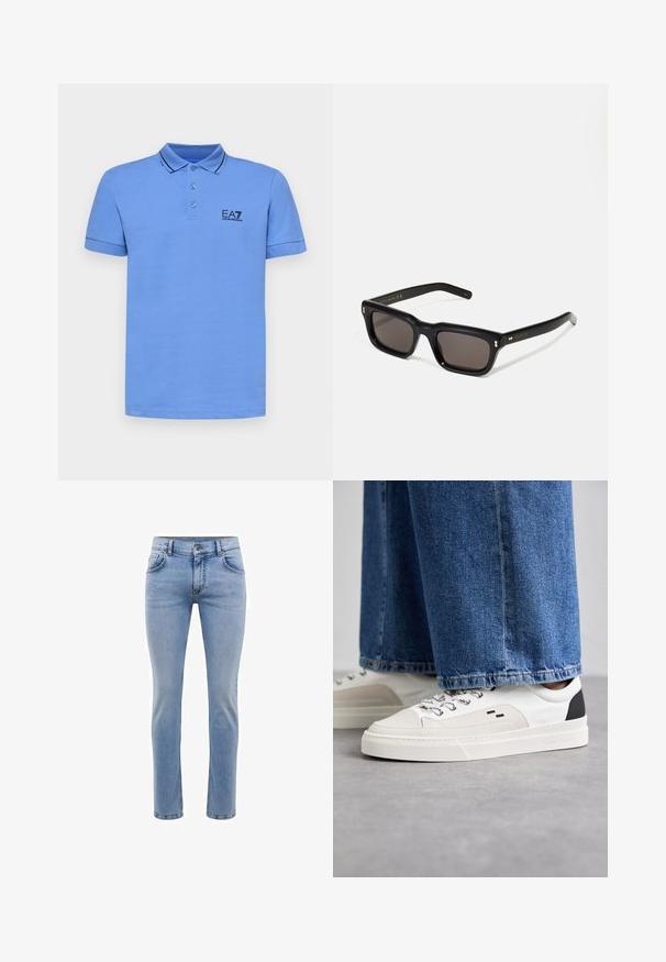 EA7 Emporio Armani TRAIN CORE - Poloskjorter - granada sky; Lyseblå denimjeans med slim fit, fem lommer og rett bendesign. Har glidelås og beltehemper. Myk tekstur.; Hvite og svarte joggesko med en glatt læroverdel, teksturerte detaljer og en kraftig hvit såle. Har en klassisk snøring.; Sorte rektangulære solbriller med mørke linser, tykk plastikkramme, gullaccenter på skulderpartiet og merkevarelogo gravert på armen.