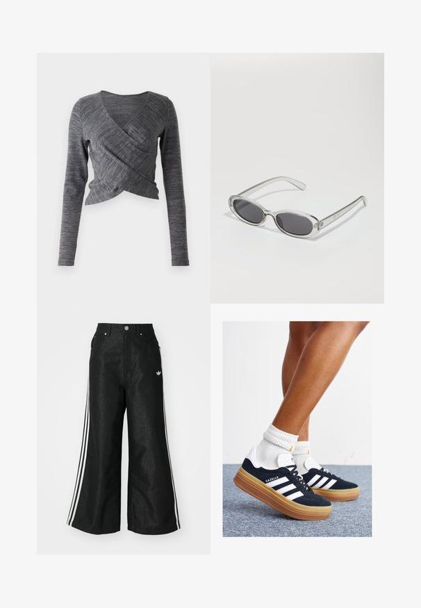 Sivi dugi rukav top s omčom i V-izrezom; ima teksturirani pletivi uzorak i prilagođeni siluetu s preklopnim prednjim dizajnom.; Crne široke traper hlače s tri bijele pruge sa svake strane i malim bijelim logom. Ima prednje džepove i preklop s gumbom.; Crne tenisice od brušene kože s bijelim prugama i detaljima, okruglim vrhom, gumeni potplat boje gume, uparene s bijelim rebrastim čarapama.; Naočale u ovalnom obliku, okvir od prozirne plastike, tamno sivi leće i tanke prozirne ručke s logotipom i minimalnim detaljima.; Crna kvadratna torbica preko tijela napravljena od teksturiranog sintetičkog materijala. Ima urezani dizajn logotipa i podesivu traku. Zatvaranje na patentni zatvarač.