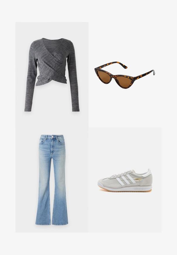 Gray long-sleeve wrap top with a V-neck; features a textured knit pattern and a fitted silhouette with an overlapping front design.; Light blue flared jeans made of denim, featuring a high waist, five-pocket design, and subtle gradient fading towards the hem.; Light grey sneaker made of suede and mesh, featuring three white stripes, round toe, and a gum rubber sole. Gold logo accent near laces.; Cat-eye sunglasses with a black and orange tortoiseshell frame, brown lenses, and sleek, pointed tips. Features a minimal logo on the temple.