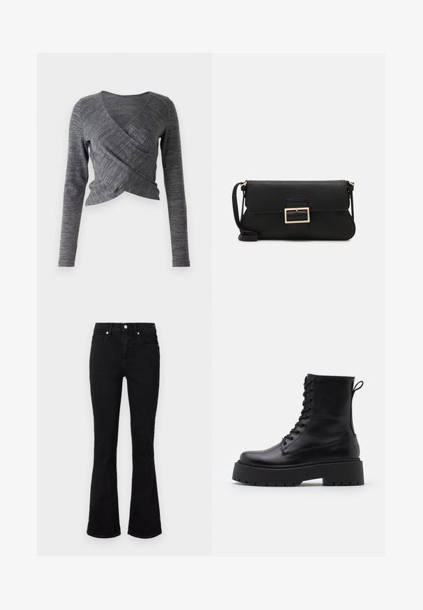 Gray long-sleeve wrap top with a V-neck; features a textured knit pattern and a fitted silhouette with an overlapping front design.; Black flared jeans made of denim, featuring a mid-rise waist, front pockets, and button closure. Smooth texture with minimal stitching details.; Black leather ankle boots with a round toe, lace-up front, and a thick rubber sole featuring a textured tread. Pull tab at the back.; Black leather clutch bag with a flap and a gold metal buckle detail. Includes a black strap and a sleek, minimalist design.