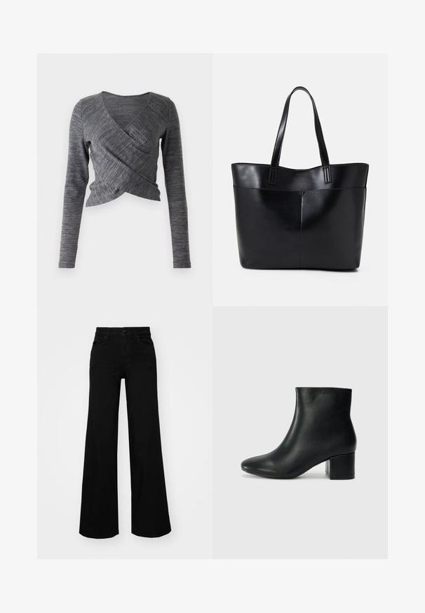 Szürke hosszú ujjú, V nyakú átkötős felső; textúrált kötött mintázattal rendelkezik, és testre simuló fazonja van, átfedő elülső kialakítással.; Fekete, bő szárú farmernadrág, amelynek állítható derékrésze van, övhurkokkal és elülső zsebekkel. Simaság jellemzi, klasszikus dizájnnal.; Fekete bőr bokacsizma hegyes orral és vastag sarokkal. Sima felület minimális díszítéssel és karcsú, passzos kialakítással.; Fekete bőr bevásárlótáska két hosszú fogantyúval, sima felülettel és strukturált formával. Elülső zseb található rajta a plusz tárolás érdekében.