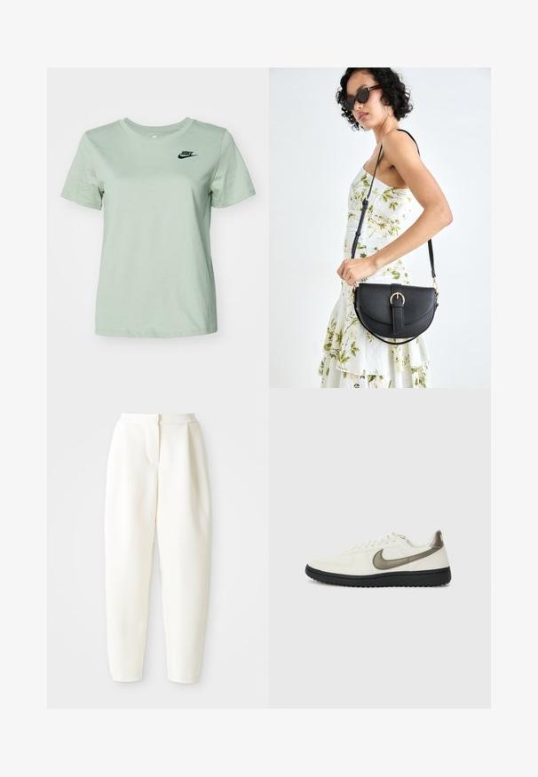 Nike Sportswear CLUB TEE - Základné tričko - jade horizon; Biele nohavice s vysokým pásom a zužujúcim sa strihom, s skrytým predným zapínaním a bočnými vreckami, vystavené na jednofarebnom bielom pozadí.; Nike Sportswear FIELD GENERAL - Tenisky - off-white/black; Čierna kožená kabelka s zaobleným tvarom, odnímateľným popruhom a zlatými doplnkami. Kabelka má klopu s detailom s prackou.